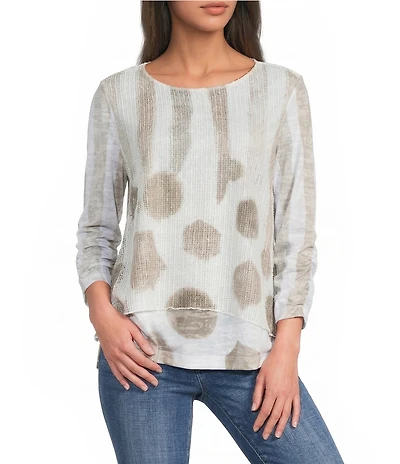 Ali Miles Petite Size Knit Mesh Overlay Striped Dotted Round Neck 3/4 Cinched Sleeve Top