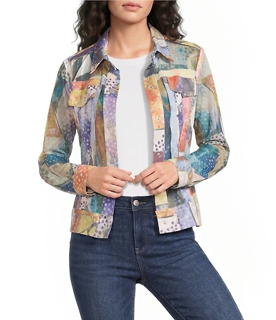 Ali Miles Petite Size Knit Mesh Point Collar Long Sleeve Button Front Jacket