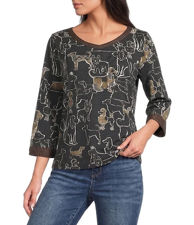 Ali Miles Petite Size Knit Novelty Doggie Print V-Neck 3/4 Sleeve Top