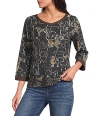 Ali Miles Petite Size Knit Novelty Doggie Print V-Neck 3/4 Sleeve Top