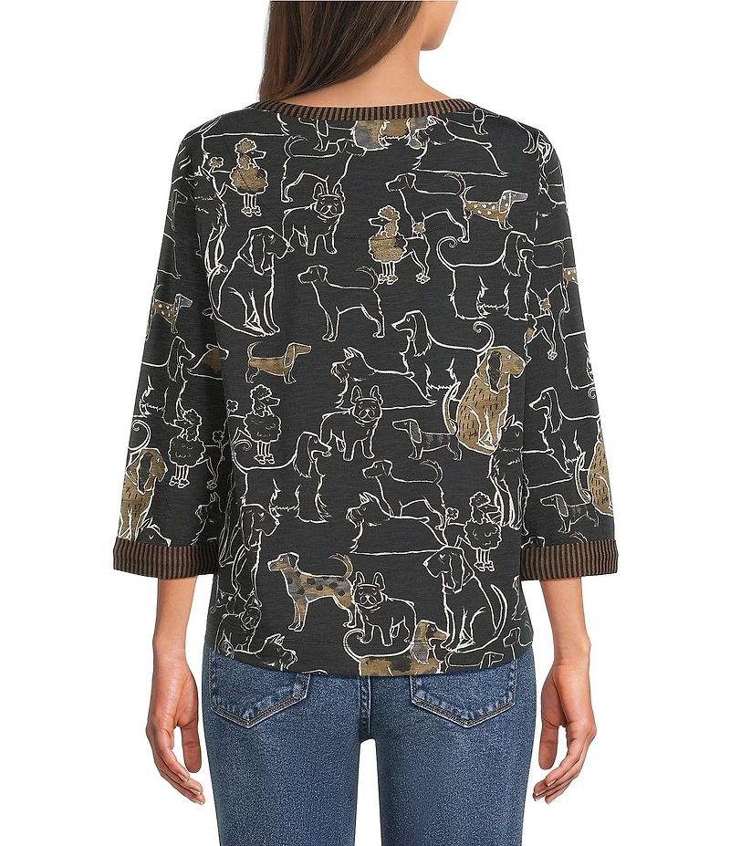 Ali Miles Petite Size Knit Novelty Doggie Print V-Neck 3/4 Sleeve Top