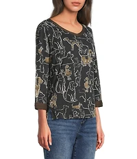 Ali Miles Petite Size Knit Novelty Doggie Print V-Neck 3/4 Sleeve Top