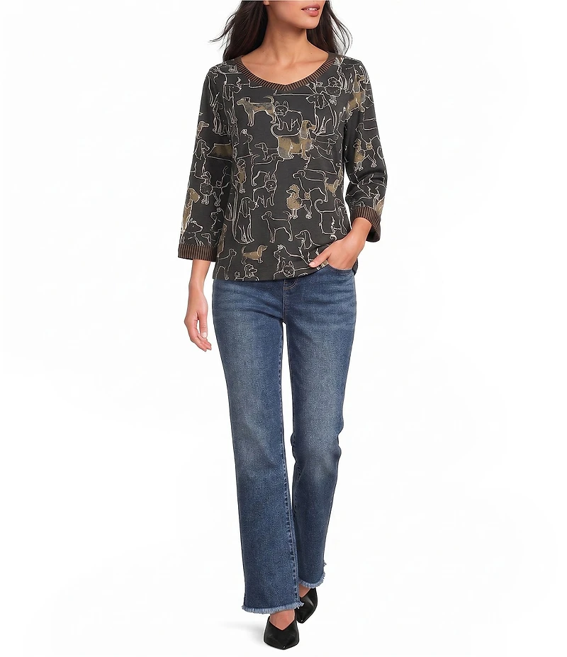 Ali Miles Petite Size Knit Novelty Doggie Print V-Neck 3/4 Sleeve Top