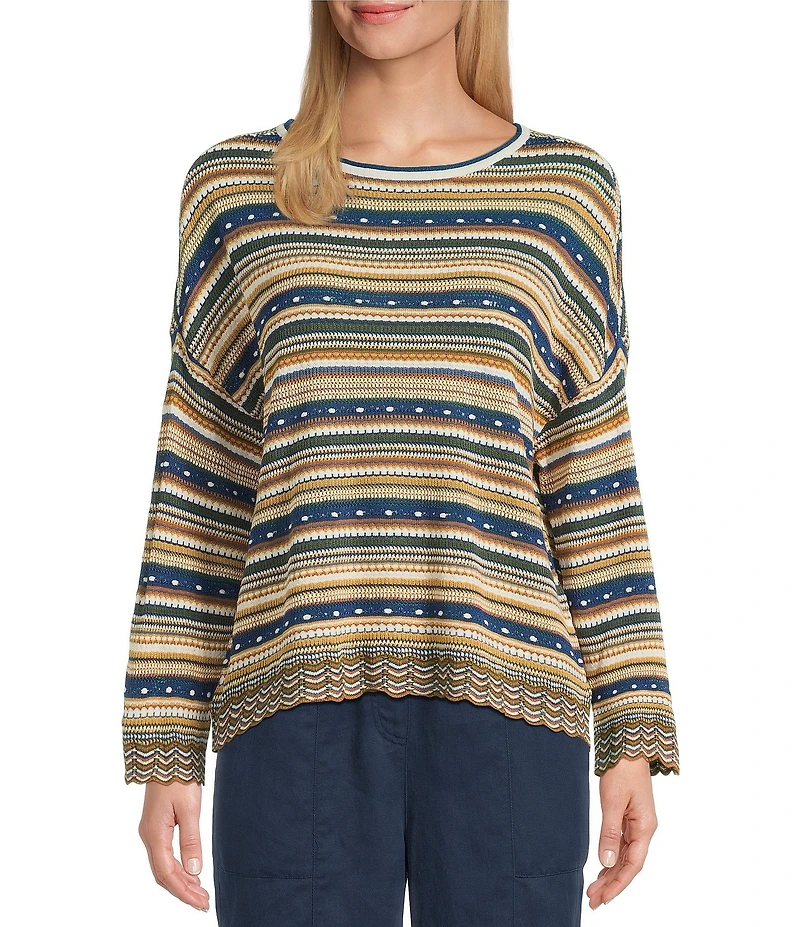 Ali Miles Petite Size Knit Yarn-Dye Stripe Scoop Neck Long Sleeve Scalloped Hem Sweater