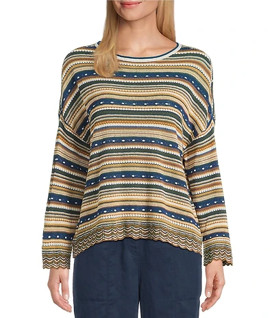 Ali Miles Petite Size Knit Yarn-Dye Stripe Scoop Neck Long Sleeve Scalloped Hem Sweater