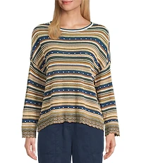 Ali Miles Petite Size Knit Yarn-Dye Stripe Scoop Neck Long Sleeve Scalloped Hem Sweater