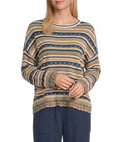 Ali Miles Petite Size Knit Yarn-Dye Stripe Scoop Neck Long Sleeve Scalloped Hem Sweater