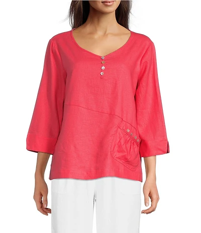 Ali Miles Petite Size Linen-Blend Round Neck 3/4 Sleeve Top