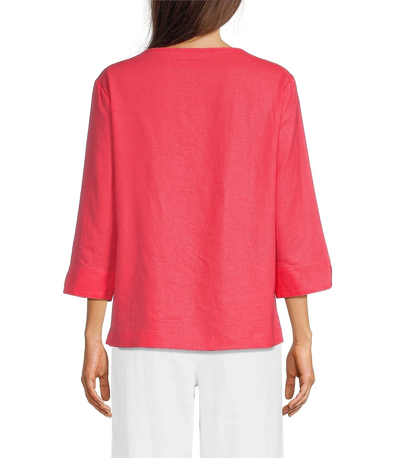 Ali Miles Petite Size Linen-Blend Round Neck 3/4 Sleeve Top