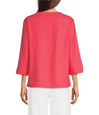 Ali Miles Petite Size Linen-Blend Round Neck 3/4 Sleeve Top