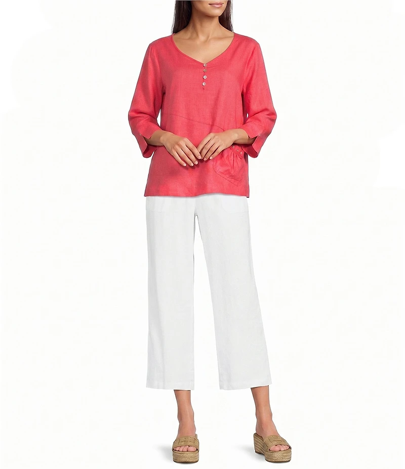 Ali Miles Petite Size Linen-Blend Round Neck 3/4 Sleeve Top