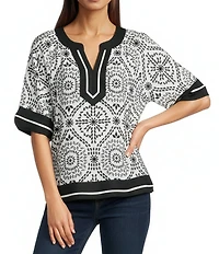 Ali Miles Petite Size Medallion Print Collared Split V-Neck Elbow Sleeve Contrast Trim Top