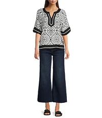 Ali Miles Petite Size Medallion Print Collared Split V-Neck Elbow Sleeve Contrast Trim Top