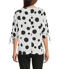 Ali Miles Petite Size Multi Dot Round Neck 3/4 Cinch Tie Sleeve Hi-Low Hem Top