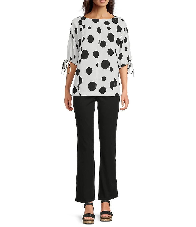 Ali Miles Petite Size Multi Dot Round Neck 3/4 Cinch Tie Sleeve Hi-Low Hem Top