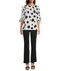 Ali Miles Petite Size Multi Dot Round Neck 3/4 Cinch Tie Sleeve Hi-Low Hem Top