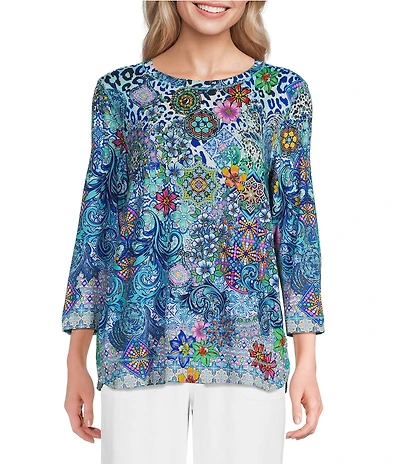 Ali Miles Petite Size Pink Multi Print Round Nek 3/4 Sleeve Tunic