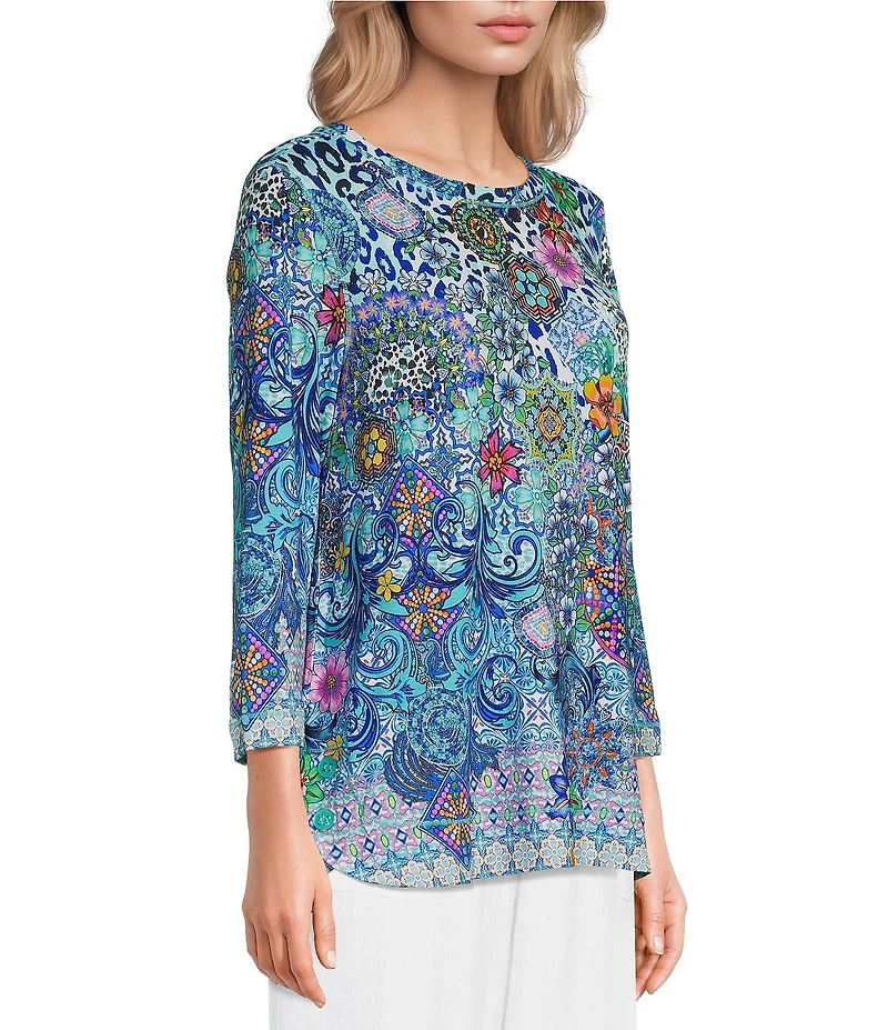 Ali Miles Petite Size Pink Multi Print Round Nek 3/4 Sleeve Tunic