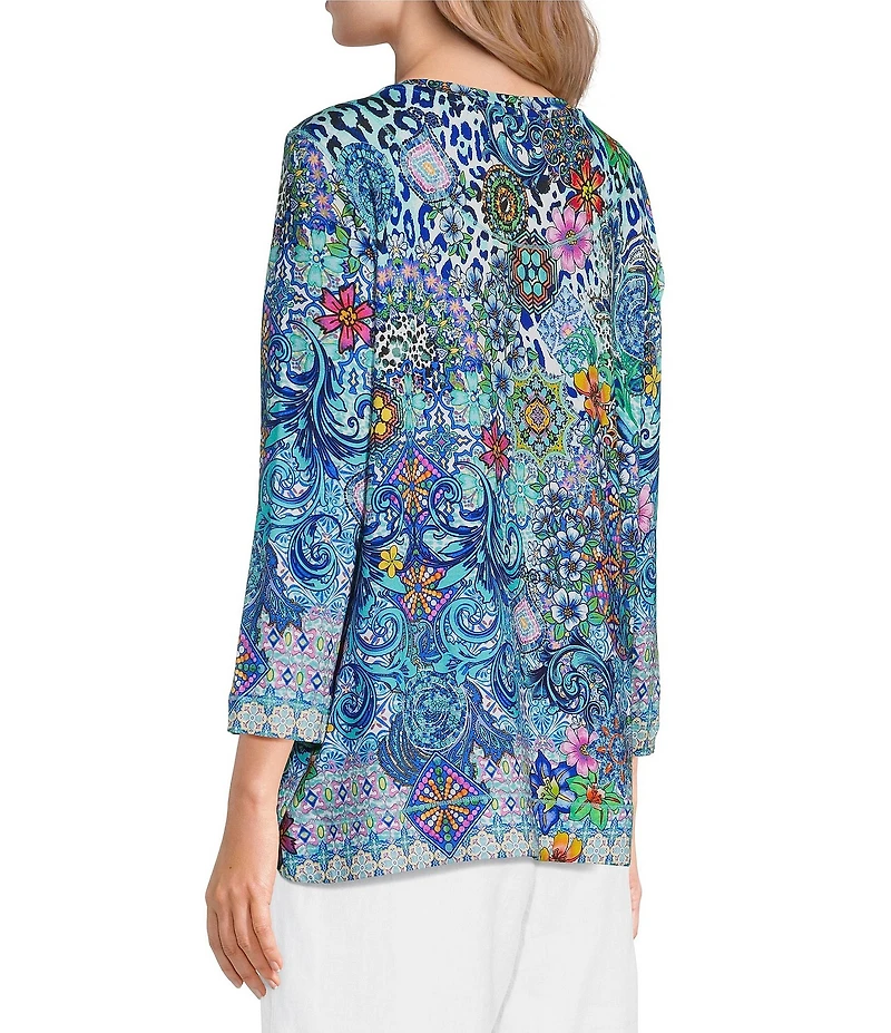 Ali Miles Petite Size Pink Multi Print Round Nek 3/4 Sleeve Tunic