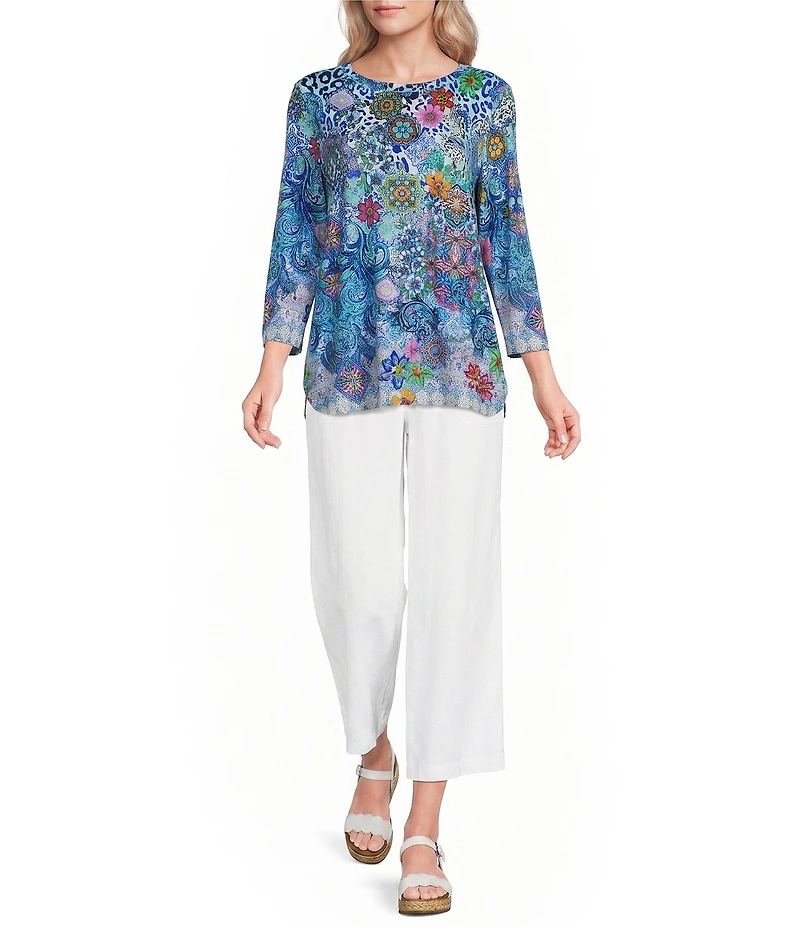 Ali Miles Petite Size Pink Multi Print Round Nek 3/4 Sleeve Tunic