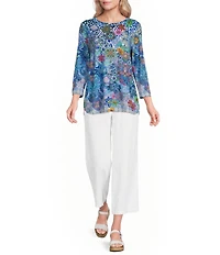 Ali Miles Petite Size Pink Multi Print Round Nek 3/4 Sleeve Tunic