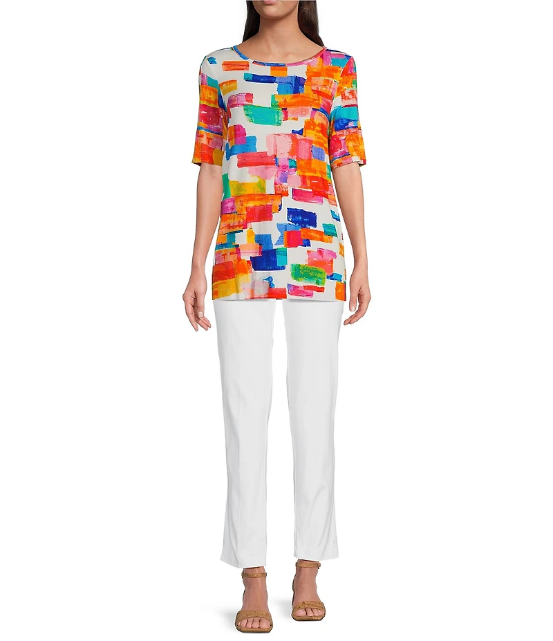 Ali Miles Petite Size Printed Knit Round Neck 3/4 Sleeve Top