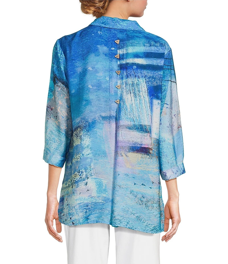 Ali Miles Petite Size Printed Point Collar 3/4 Sleeve Button Front Tunic