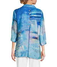 Ali Miles Petite Size Printed Point Collar 3/4 Sleeve Button Front Tunic