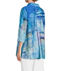 Ali Miles Petite Size Printed Point Collar 3/4 Sleeve Button Front Tunic