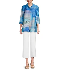 Ali Miles Petite Size Printed Point Collar 3/4 Sleeve Button Front Tunic