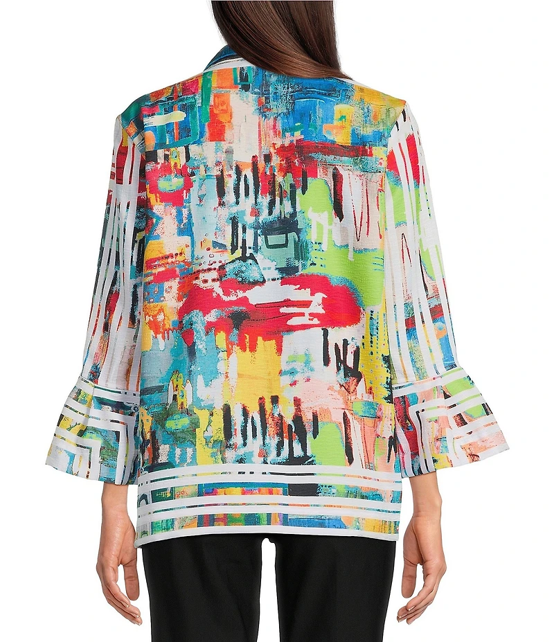 Ali Miles Petite Size Printed Woven Wire Collar 3/4 Bell Sleeve Button Front Tunic