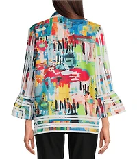 Ali Miles Petite Size Printed Woven Wire Collar 3/4 Bell Sleeve Button Front Tunic