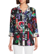 Ali Miles Petite Size Printed Woven Wire Collar 3/4 Sleeve Button Front Tunic