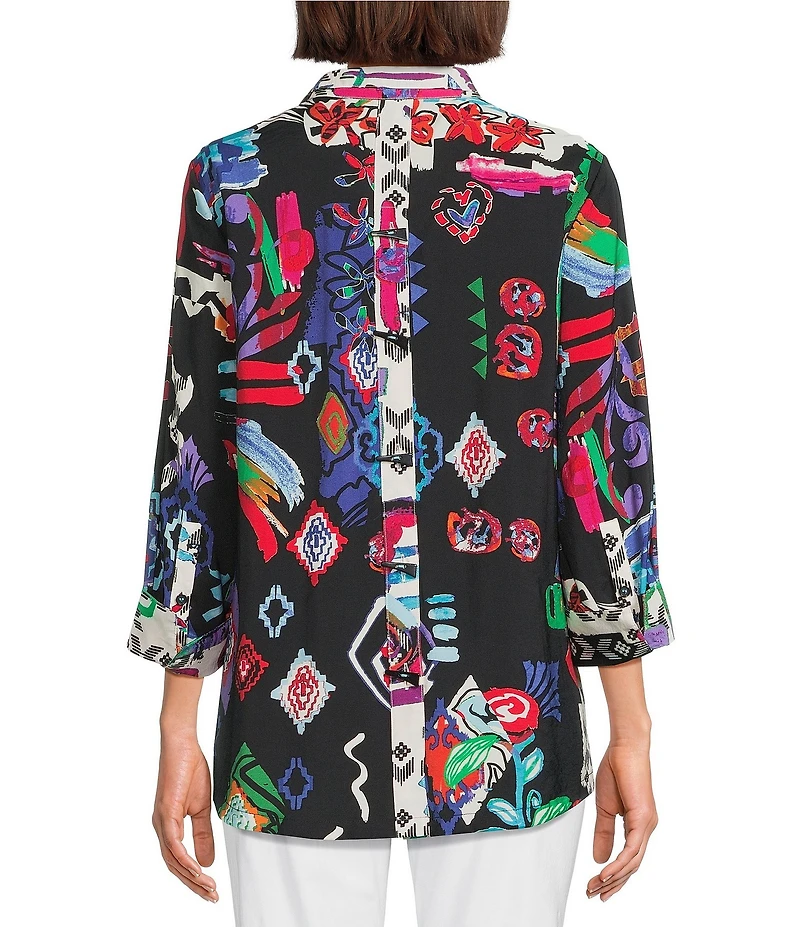 Ali Miles Petite Size Printed Woven Wire Collar 3/4 Sleeve Button Front Tunic