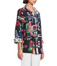 Ali Miles Petite Size Printed Woven Wire Collar 3/4 Sleeve Button Front Tunic