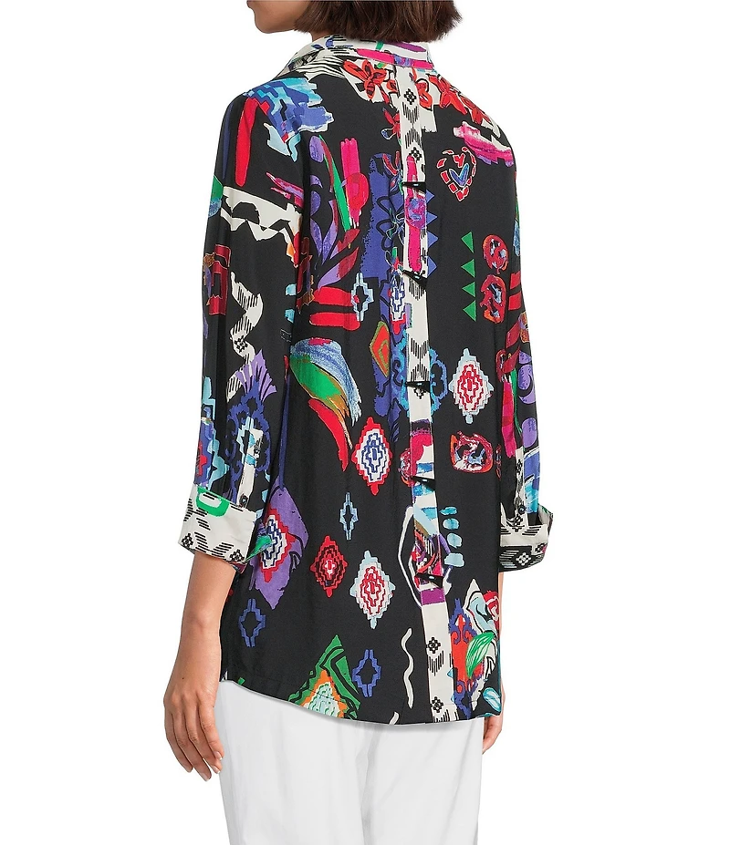 Ali Miles Petite Size Printed Woven Wire Collar 3/4 Sleeve Button Front Tunic