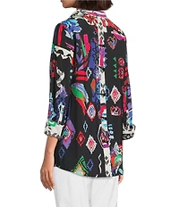 Ali Miles Petite Size Printed Woven Wire Collar 3/4 Sleeve Button Front Tunic