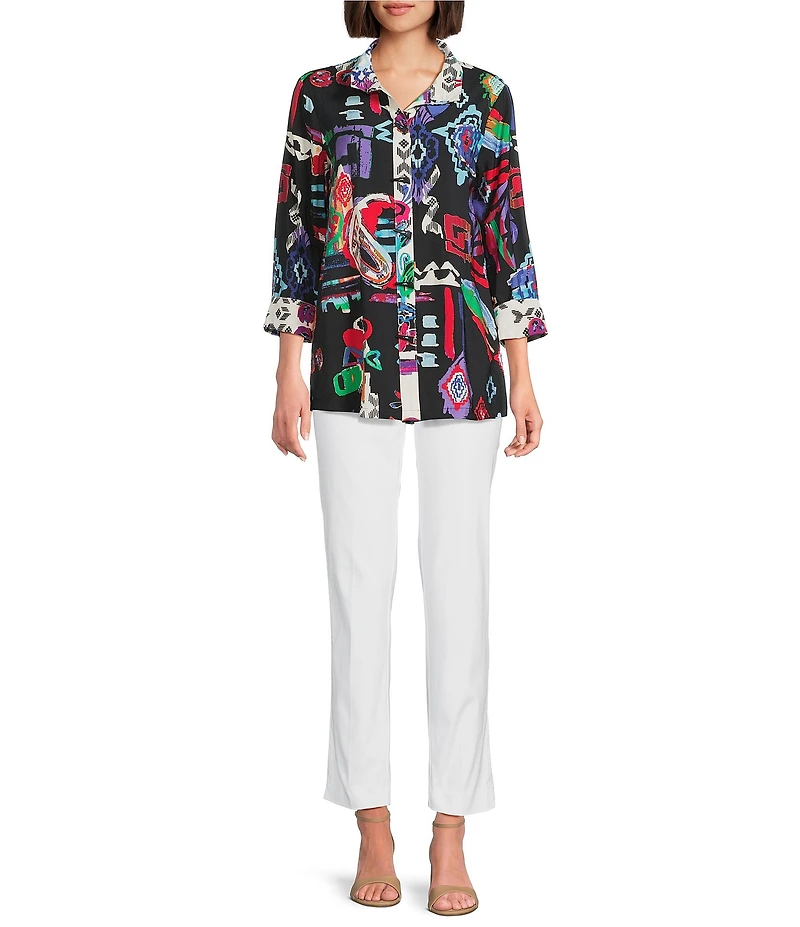 Ali Miles Petite Size Printed Woven Wire Collar 3/4 Sleeve Button Front Tunic