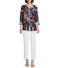 Ali Miles Petite Size Printed Woven Wire Collar 3/4 Sleeve Button Front Tunic