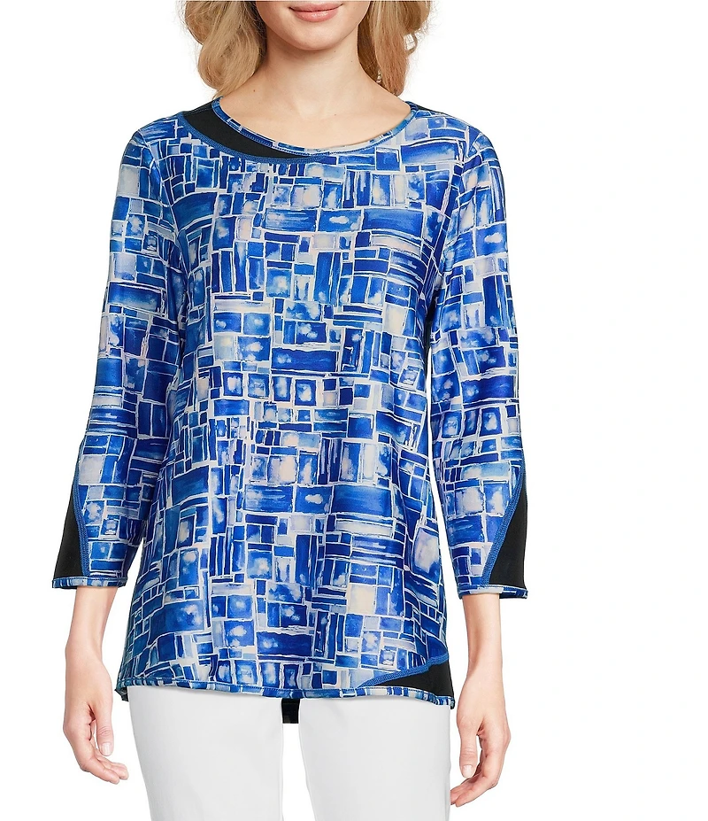 Ali Miles Petite Size Reversible Mesh Knit Round Neck 3/4 Sleeve Hi-Low Hem Tunic