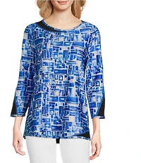 Ali Miles Petite Size Reversible Mesh Knit Round Neck 3/4 Sleeve Hi-Low Hem Tunic