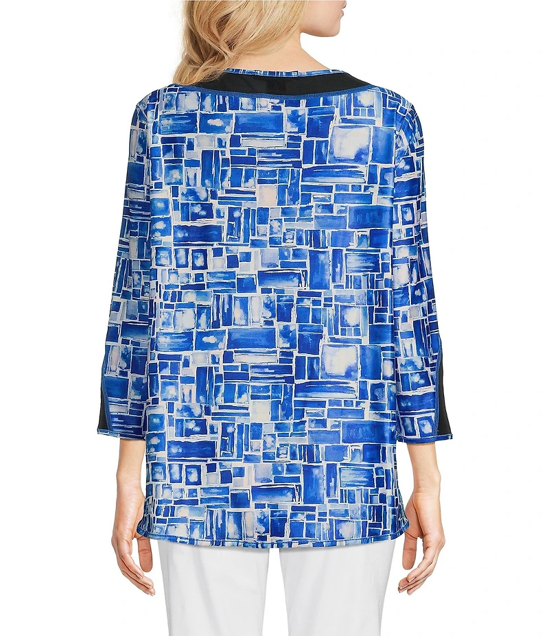 Ali Miles Petite Size Reversible Mesh Knit Round Neck 3/4 Sleeve Hi-Low Hem Tunic