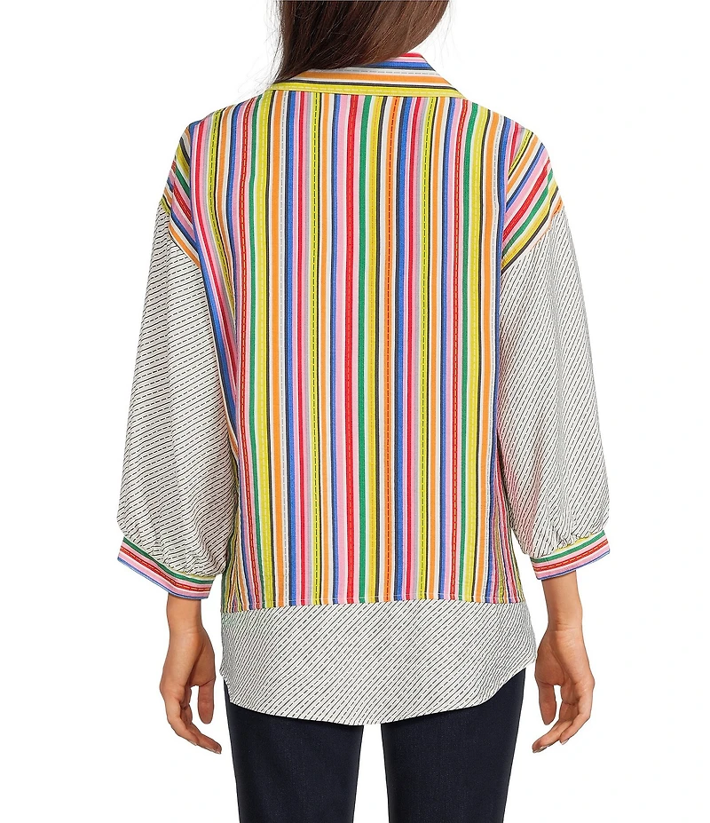Ali Miles Petite Size Solid Multi Stripe Point Collar 3/4 Sleeve High-Low Hem Button-Front Shirt