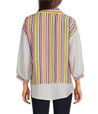 Ali Miles Petite Size Solid Multi Stripe Point Collar 3/4 Sleeve High-Low Hem Button-Front Shirt