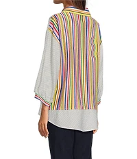Ali Miles Petite Size Solid Multi Stripe Point Collar 3/4 Sleeve High-Low Hem Button-Front Shirt