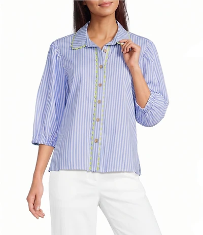 Ali Miles Petite Size Stripe Point Collar 3/4 Puff Sleeve Ric-Rack Trim Button-Front Shirt