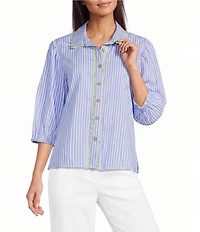 Ali Miles Petite Size Stripe Point Collar 3/4 Puff Sleeve Ric-Rack Trim Button-Front Shirt
