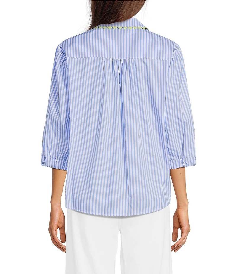 Ali Miles Petite Size Stripe Point Collar 3/4 Puff Sleeve Ric-Rack Trim Button-Front Shirt