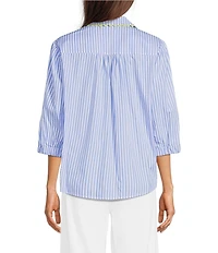 Ali Miles Petite Size Stripe Point Collar 3/4 Puff Sleeve Ric-Rack Trim Button-Front Shirt