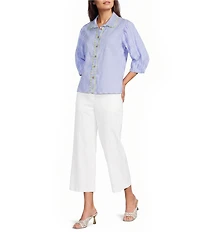 Ali Miles Petite Size Stripe Point Collar 3/4 Puff Sleeve Ric-Rack Trim Button-Front Shirt